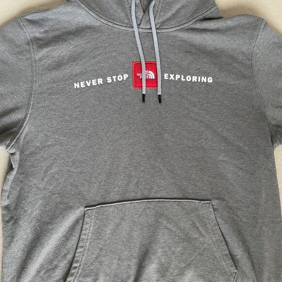North Face Hoodie Men's Large Gray Pullover Never Stop Exploring Logo Sweatshirt - Picture 2 of 4